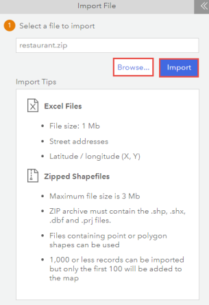 The picture shows the Browse and Import box