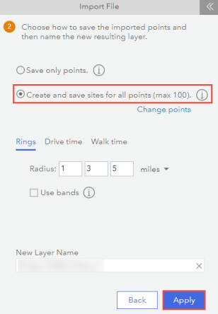 The picture shows the Create and save sites for all points (max 100.) option and the Apply option