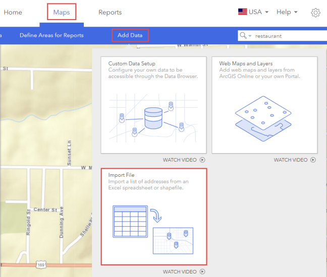 The picture shows the Maps, Add Data and Import File options
