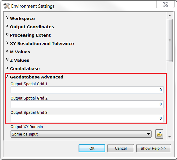 An image of specfying the Output Spatial Grids in the Environment Settings dialog box.