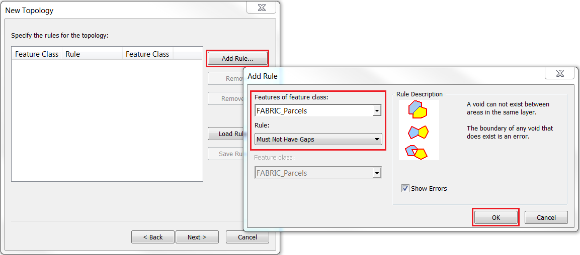 An image of adding the Must Not Have Gaps rule in the Add Rule dialog box.