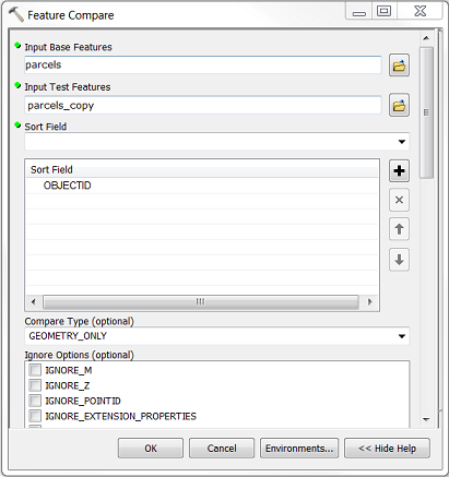 An image of selecting Input Base Features, Input Test Features, Sort Field and Compare Type in the Feature Compare window.