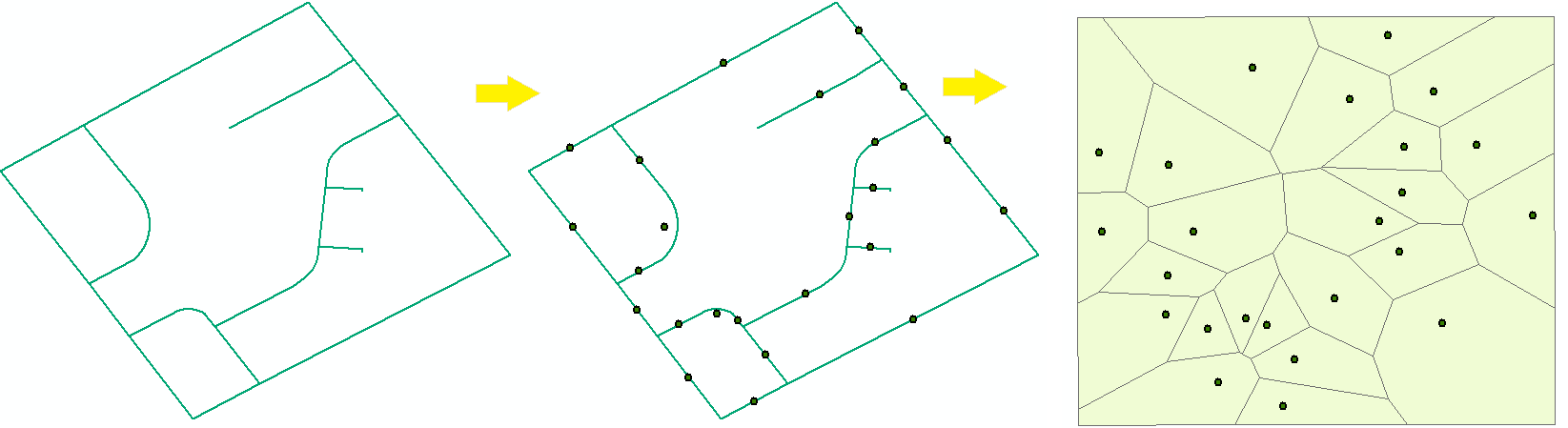 An image of the line features converted to point features and then converted to Thiessen polygons.