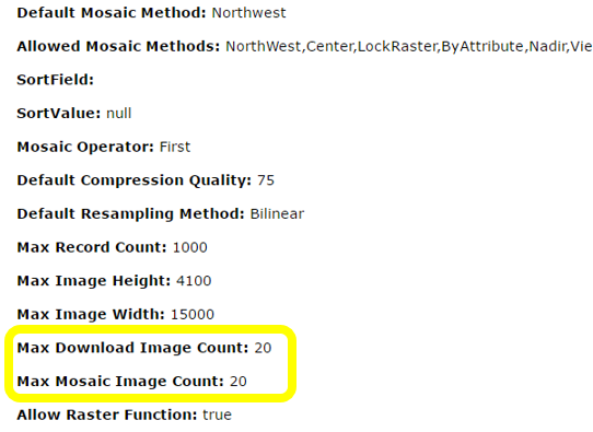 The image service REST page displaying the Max Download Image Count and Max Mosaic Image Count properties as a reference to limit raster download by batch.