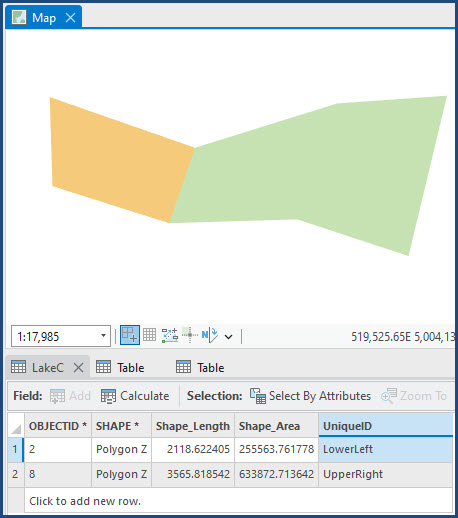 Two single part polygons which are adjacent in ArcGIS Pro.