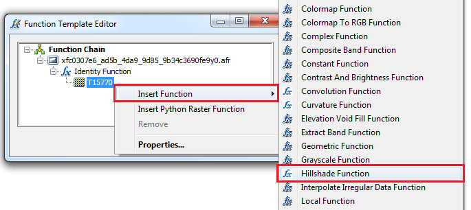An image of the Function Template Editor dialog box and the Hillshade Function option.