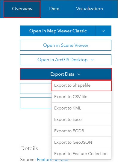 The Overview tab displaying the Export Data and Export to Shapefile options.
