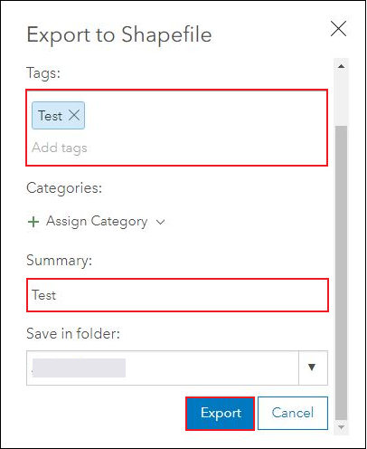 The Export to Shapefile window displaying the Tags and Summary options. Click Export.