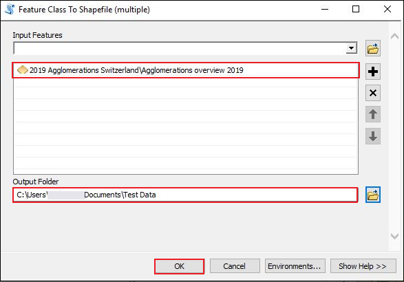 The Feature Class To Shapefile window displaying the Input Features and Output Folder parameters.