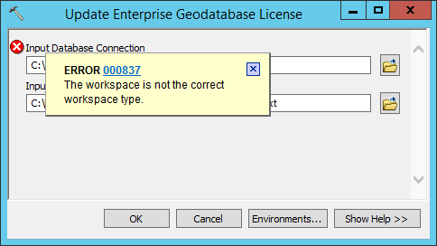 Screenshot of the error when using the Update Enterprise Geodatabase License tool