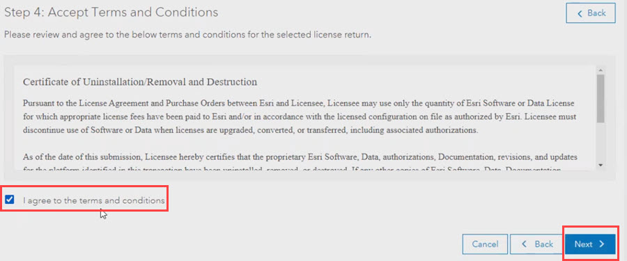 Click the 'I agree to the terms and conditions' checkbox and click Next to finalize the license recovery process.