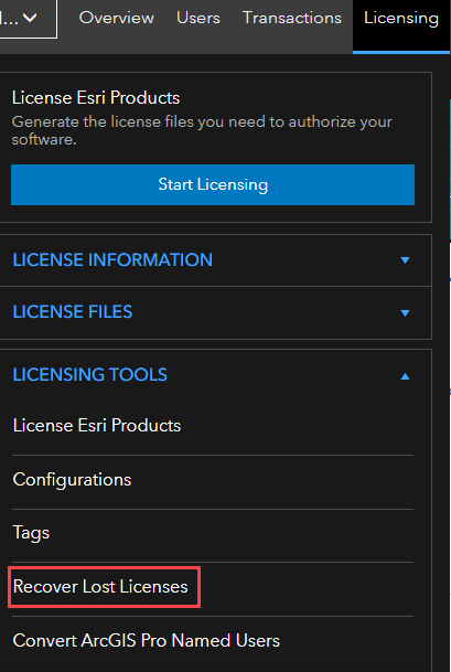 The Recover Lost Licenses on the Licensing tab