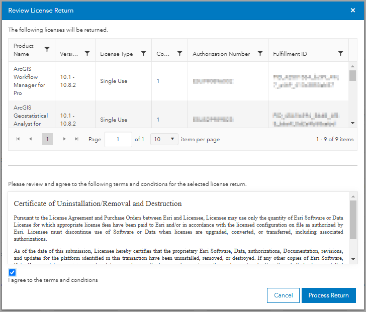 The Review License Return window