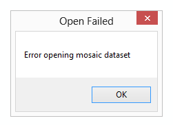 An image of the error returned when opening the mosaic dataset.