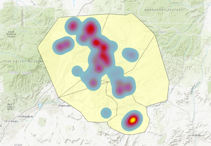 An example of a heat map on top of a tile layer in an ArcGIS Online map viewer.