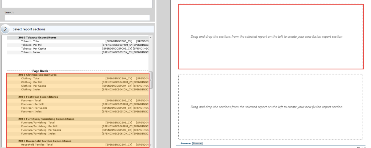 The picture shows the dragging of a certain sections of report to be added in the custom template