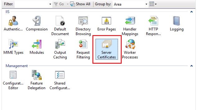 The image of Server Ceritificates in the IIS Manager window.