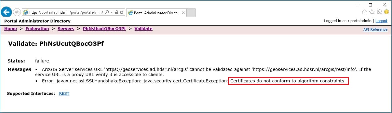 The image of the error message in Portal for ArcGIS Administrator Directory.
