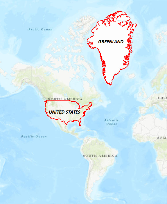 Image of a comparison between the area of Greenland and the United States in a WGS 1984 Web Mercator (Auxiliary Sphere) projection. Greenland appears larger than the United States on the map even though the exact area of Greenland is smaller than the United States.
