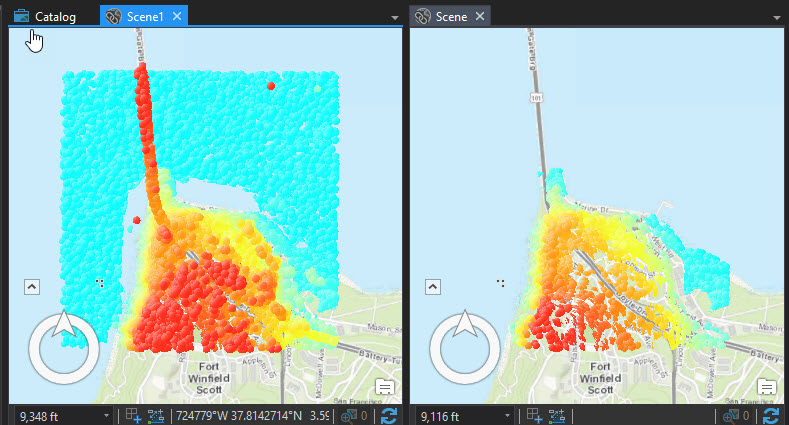 A lidar data set without a filter (left) and filtered for ground only (right).