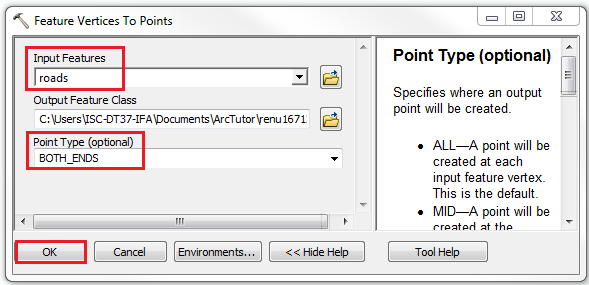 An image showing the Feature Vertices To Points geoprocessing tool dialog.
