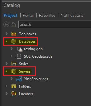 The Catalog window in ArcGIS Pro displaying the Servers and Databases directories.