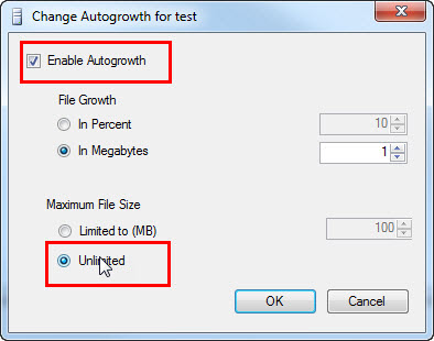 An image of the Change Autogrowth dialog box.
