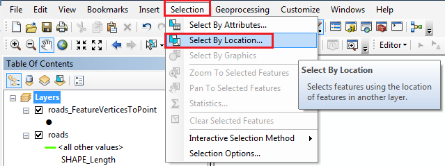 An image of clicking the Select By Location option from the Selection menu.