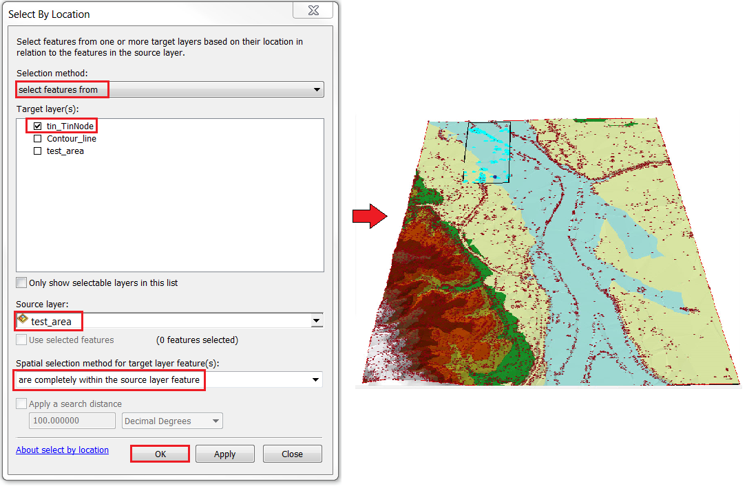 An image of selecting the nodes within the polygon area using the Select by Location option.