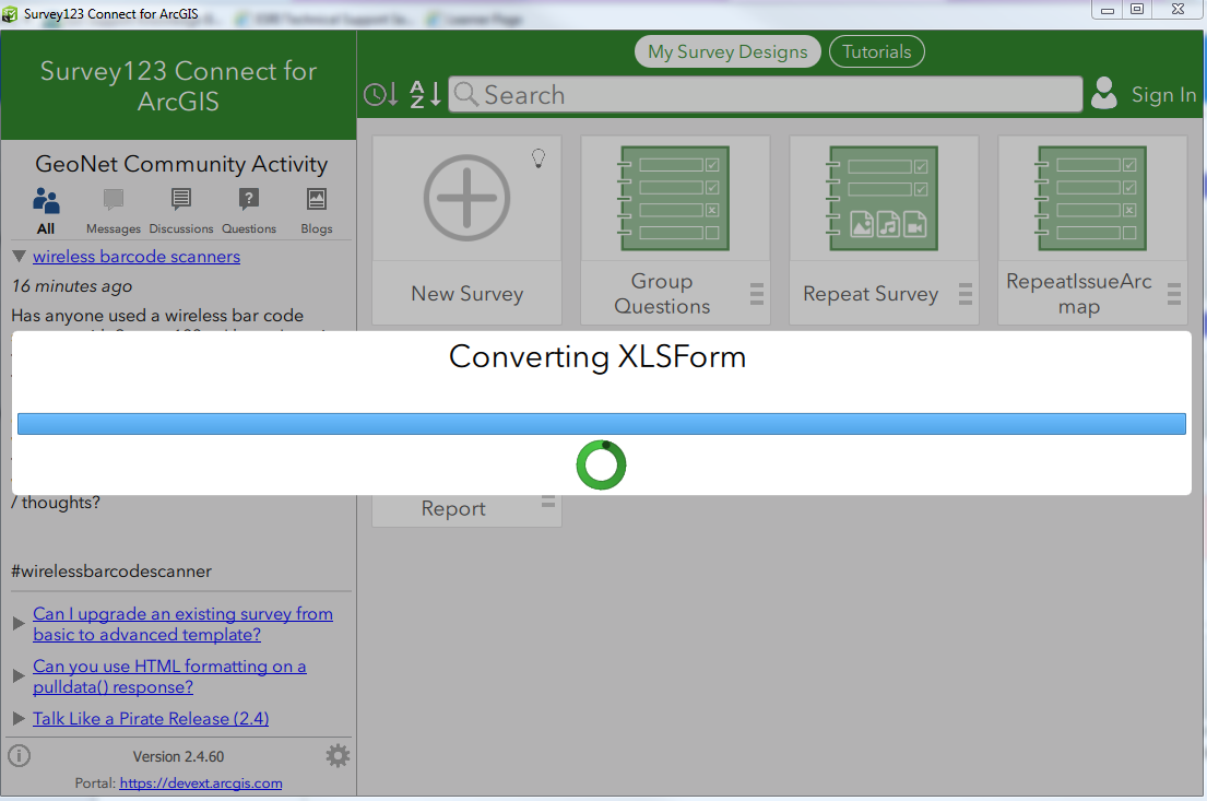Screenshot of Survey123 Connect for ArcGIS in an indefinite loop when converting XLSForm