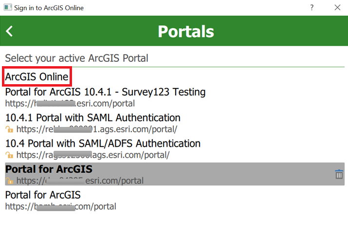 Screenshot of active ArcGIS Portals with ArcGIS Online highlighted