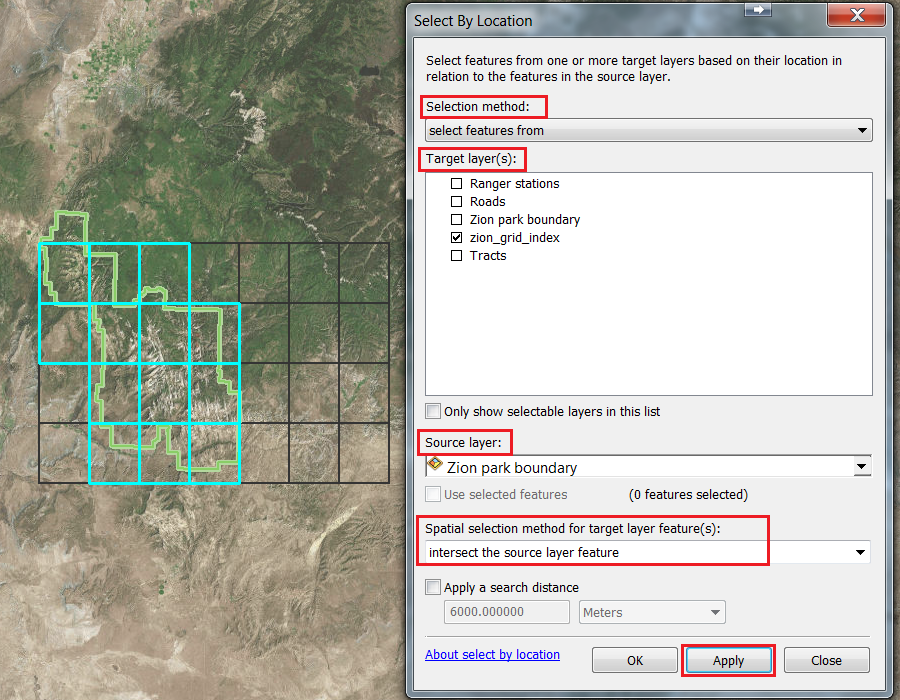 An image of the Select By Location dialog box and the output.