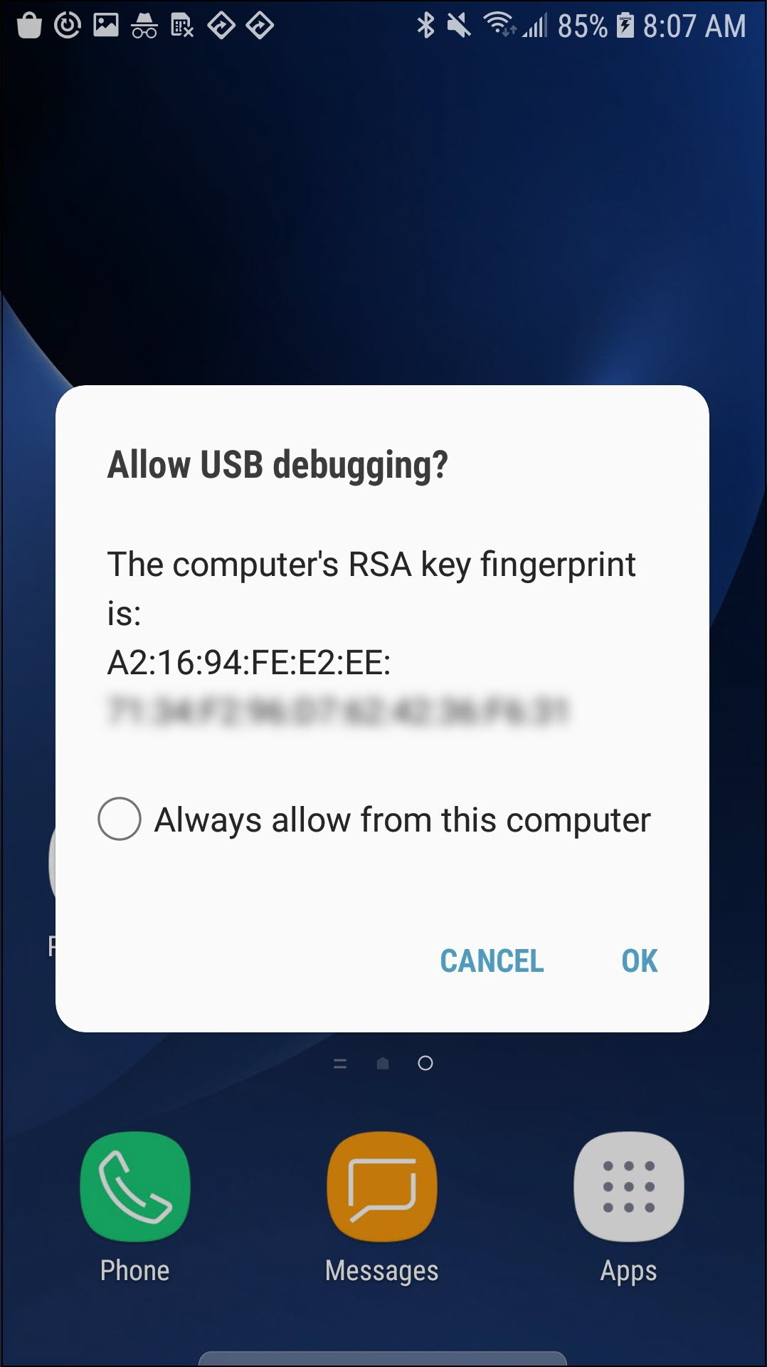 prompt to allow allow USB debugging
