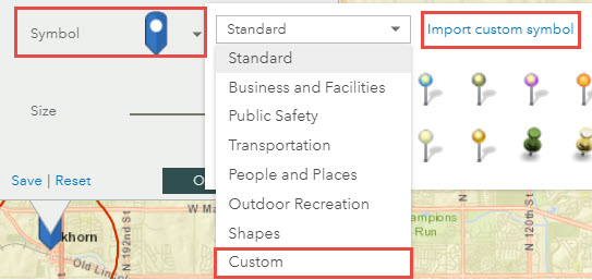 image of Symbol drop-down arrow, Custom and Import custom symbol options