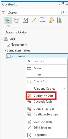 An image of the Display XY Data option for the table.