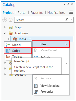 The steps to create a new script tool in the Catalog pane