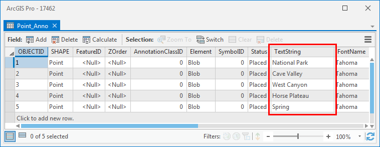 An image of the point feature class attribute table.