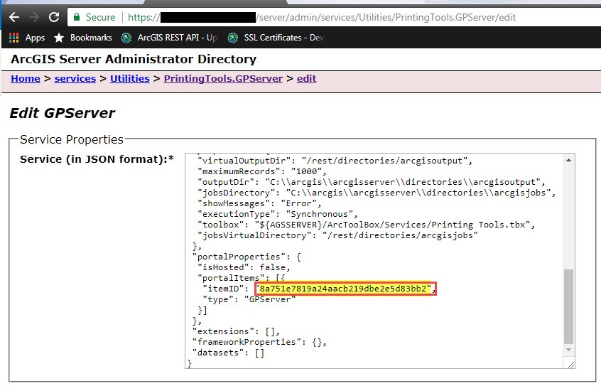 Image of the Item ID in ArcGIS Server Administrator JSON