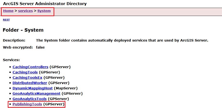 The image of ArcGIS Server admin System page.