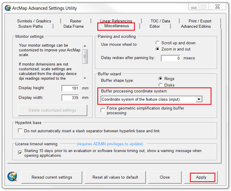An image of the ArcMap Advanced Settings Utility window.