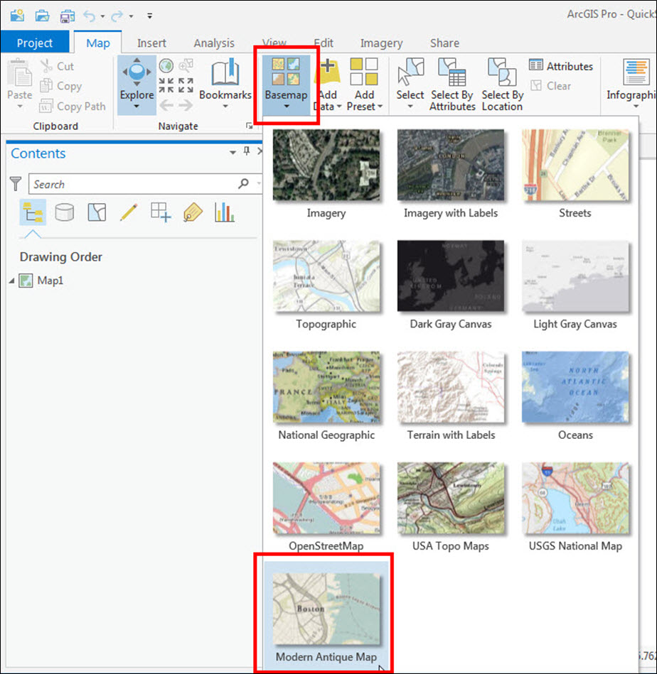 An image of the Basemap list in ArcGIS Pro.
