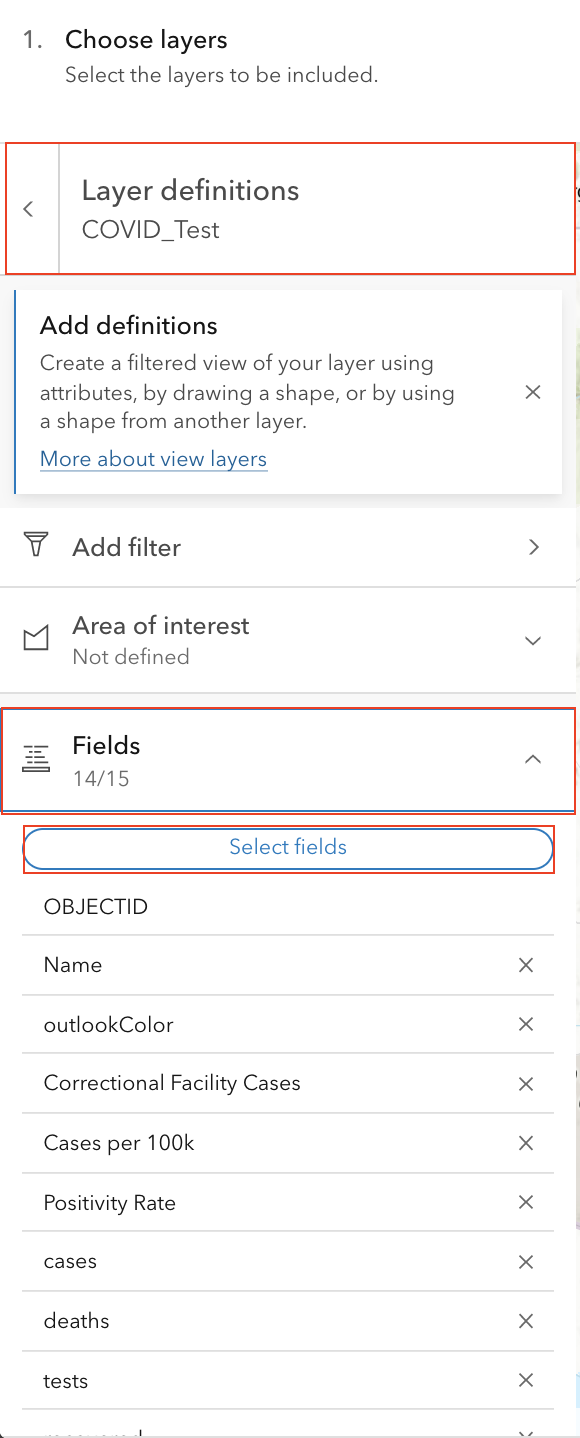 The Layer definitions window displaying the new field in the Select fields section.