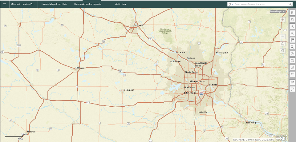 The map display of the Business Analyst Web App after setting the default map extent.