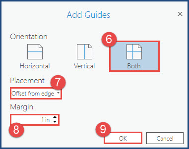 The Orientation, Placement, and Margin options, as well as OK and Cancel buttons in the Add Guides window