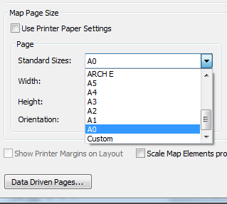 The Page and Print Setup dialog with options for the Standard Sizes drop-down