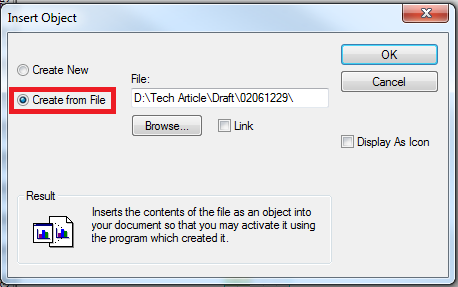 The Insert Object dialog with Create from File highlighted.