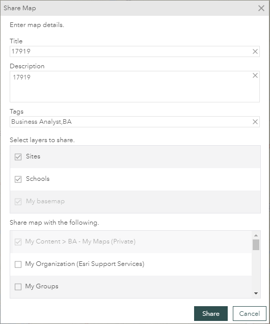 image of the Share Map dialog box