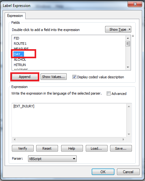 Screenshot of Label Expression with Append highlighted.