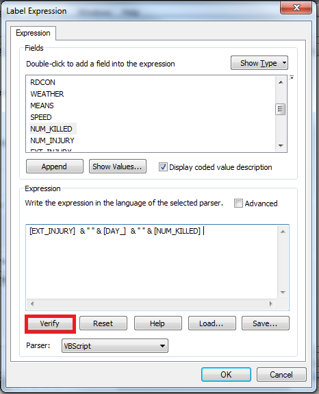 Screenshot of Label Expression with Verify highlighted.