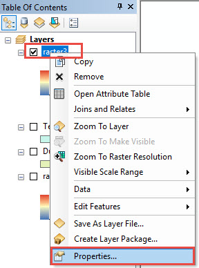 Properties option of Input raster layer